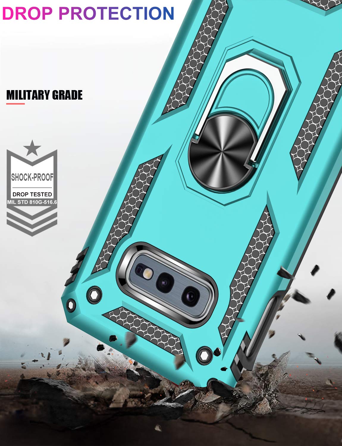 IKAZZ for Galaxy S10e Case with Screen Protector,Military Grade Shockproof Cover Pass 16ft Drop Test with Magnetic Kickstand Car Mount Holder Protective Phone Case for Samsung Galaxy S10e Turquoise