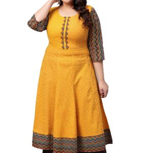 Yash Gallery Plus Size Cotton Geometric Print 3/4 Sleeve Round Neck Anarkali Kurta (Mustard Yellow, 3XL)