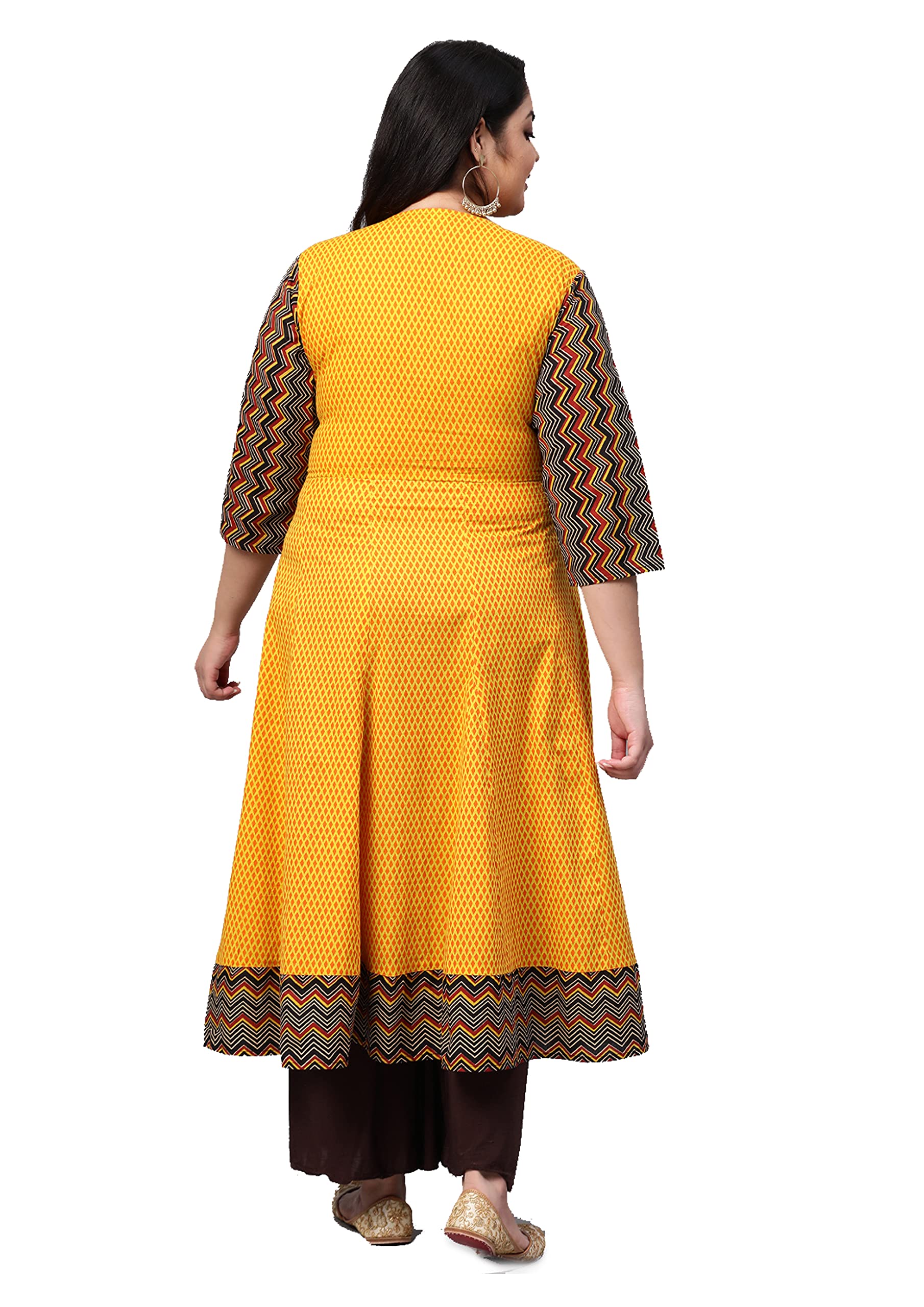 Yash Gallery Plus Size Cotton Geometric Print 3/4 Sleeve Round Neck Anarkali Kurta (Mustard Yellow, 3XL)