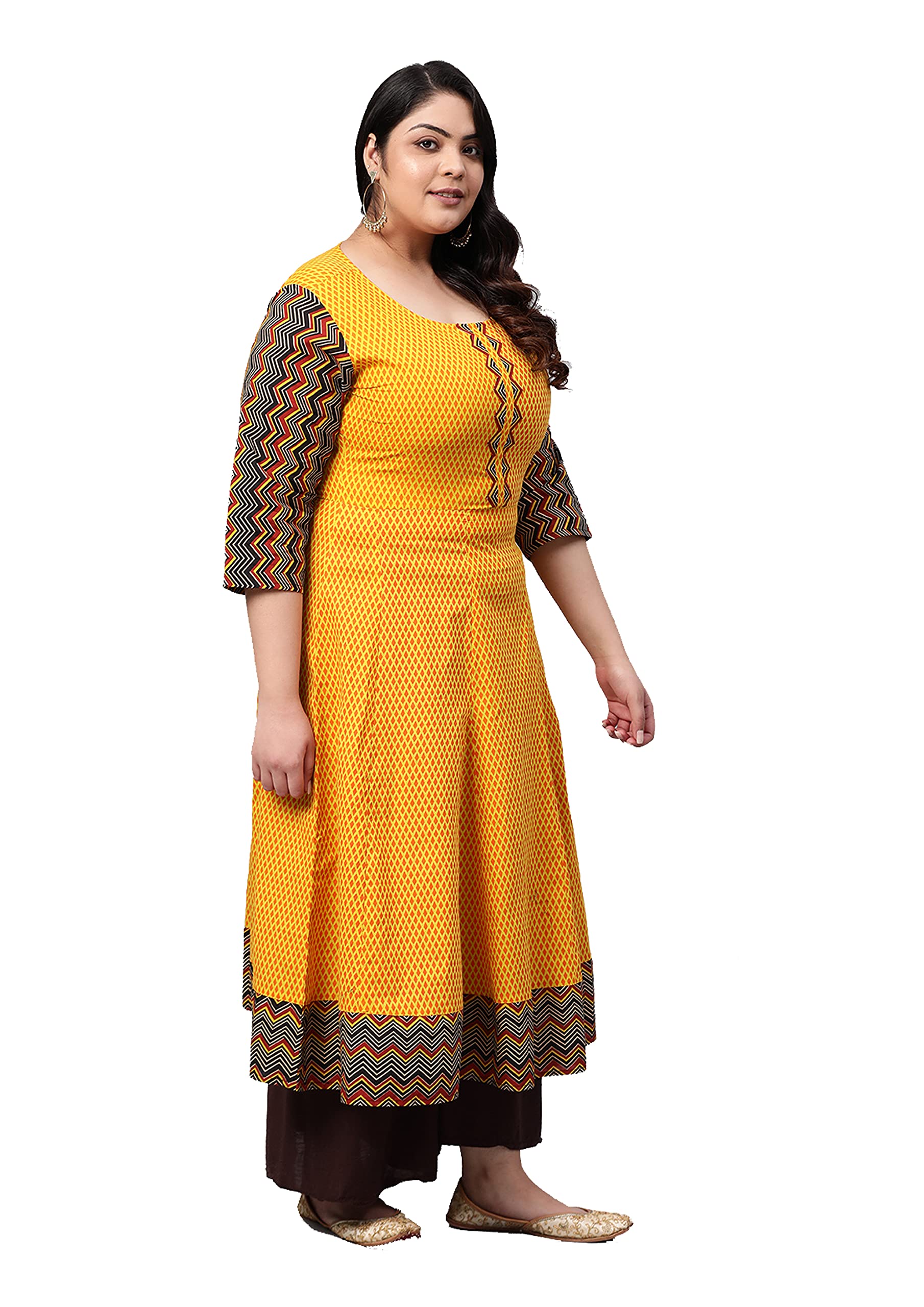 Yash Gallery Plus Size Cotton Geometric Print 3/4 Sleeve Round Neck Anarkali Kurta (Mustard Yellow, 3XL)