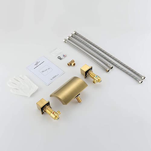 Hanallx Deck Mount Roman Tub Faucet Set, Waterfall High Flow Brushed Gold Bathtub Faucets, 12-15.7in Widespread, Deck Mount Tub Faucet with Valve, Brass 3 Holes Bath Tub Faucet Set, with 2 Handle