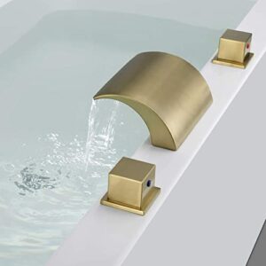 Hanallx Deck Mount Roman Tub Faucet Set, Waterfall High Flow Brushed Gold Bathtub Faucets, 12-15.7in Widespread, Deck Mount Tub Faucet with Valve, Brass 3 Holes Bath Tub Faucet Set, with 2 Handle