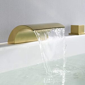 Hanallx Deck Mount Roman Tub Faucet Set, Waterfall High Flow Brushed Gold Bathtub Faucets, 12-15.7in Widespread, Deck Mount Tub Faucet with Valve, Brass 3 Holes Bath Tub Faucet Set, with 2 Handle