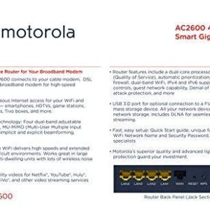 MOTOROLA AC2600 4x4 WiFi Smart Gigabit Router with Extended Range, Model MR2600 (Renewed)