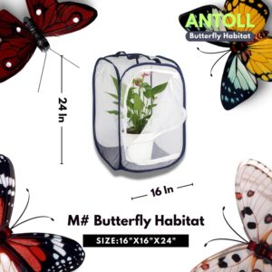 Antoll 2Pcs 24" M Size Blue Butterfly Habitat Cage, Monarch Butterfly Habitat, Butterfly Cage for Caterpillars, Flying Insect Mesh Cage, Outdoor Observation Plant, Pop-Up Open Size: 16"x16"x24"