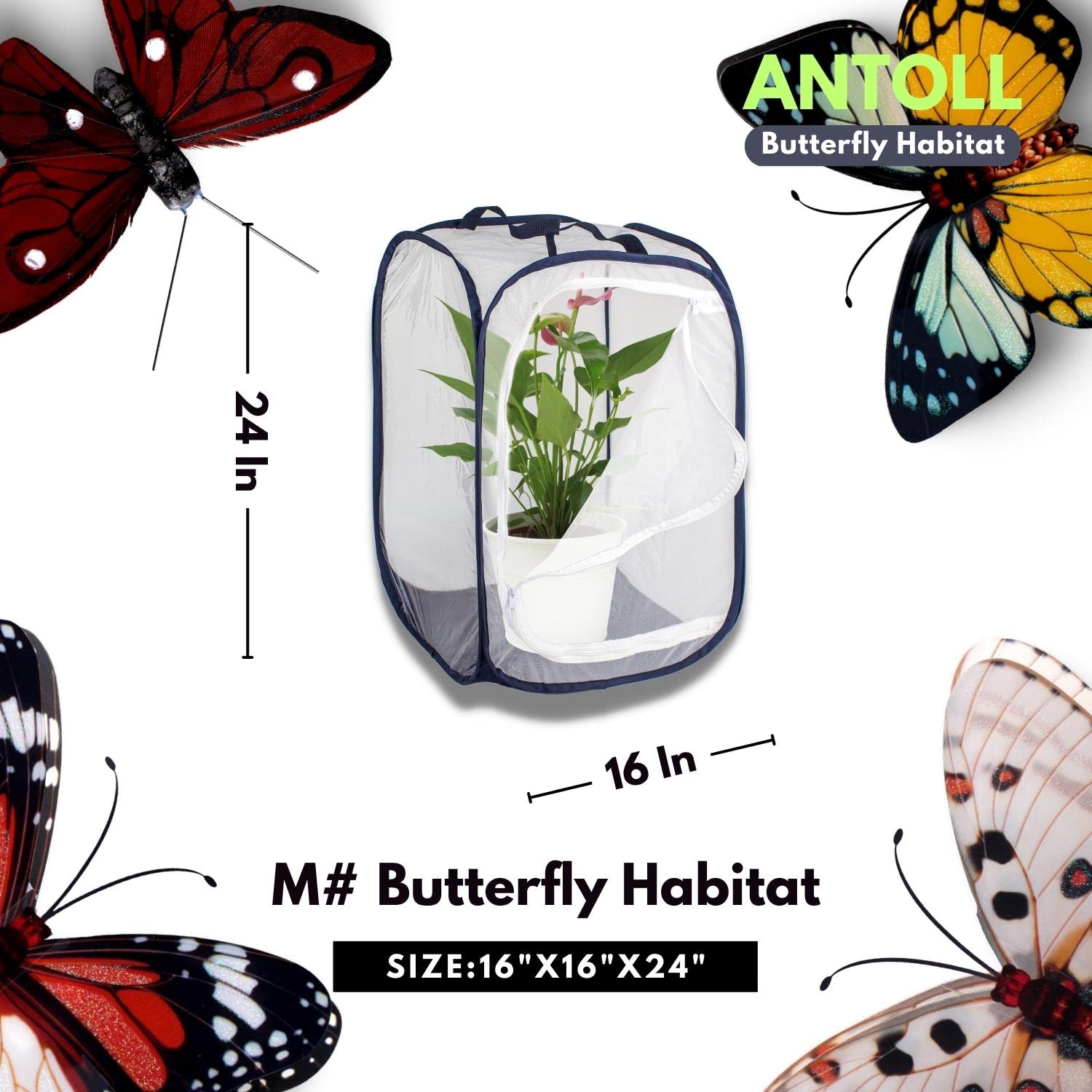 Antoll 2Pcs 24" M Size Blue Butterfly Habitat Cage, Monarch Butterfly Habitat, Butterfly Cage for Caterpillars, Flying Insect Mesh Cage, Outdoor Observation Plant, Pop-Up Open Size: 16"x16"x24"