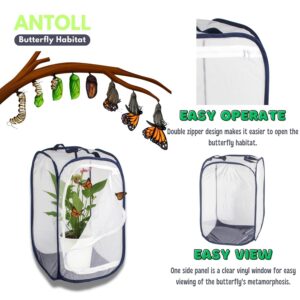 Antoll 2Pcs 24" M Size Blue Butterfly Habitat Cage, Monarch Butterfly Habitat, Butterfly Cage for Caterpillars, Flying Insect Mesh Cage, Outdoor Observation Plant, Pop-Up Open Size: 16"x16"x24"