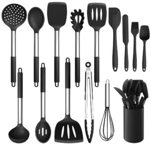 LIANYU 15-Piece Kitchen Cooking Utensils Set with Holder, Silicone Kitchen Tools Stainless Steel Handle, Slotted Spatula Spoon Turner Tong Whisk Brush for Cooking, Black