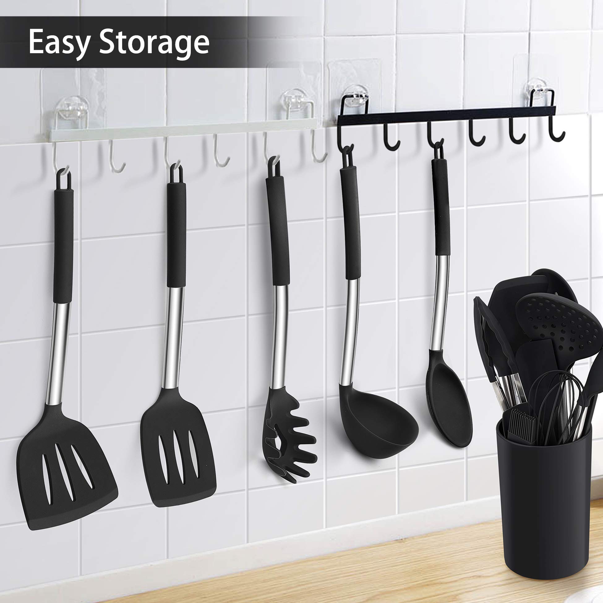 LIANYU 15-Piece Kitchen Cooking Utensils Set with Holder, Silicone Kitchen Tools Stainless Steel Handle, Slotted Spatula Spoon Turner Tong Whisk Brush for Cooking, Black