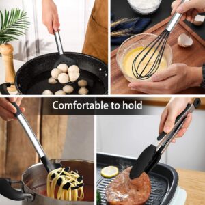 LIANYU 15-Piece Kitchen Cooking Utensils Set with Holder, Silicone Kitchen Tools Stainless Steel Handle, Slotted Spatula Spoon Turner Tong Whisk Brush for Cooking, Black