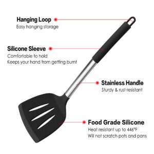 LIANYU 15-Piece Kitchen Cooking Utensils Set with Holder, Silicone Kitchen Tools Stainless Steel Handle, Slotted Spatula Spoon Turner Tong Whisk Brush for Cooking, Black