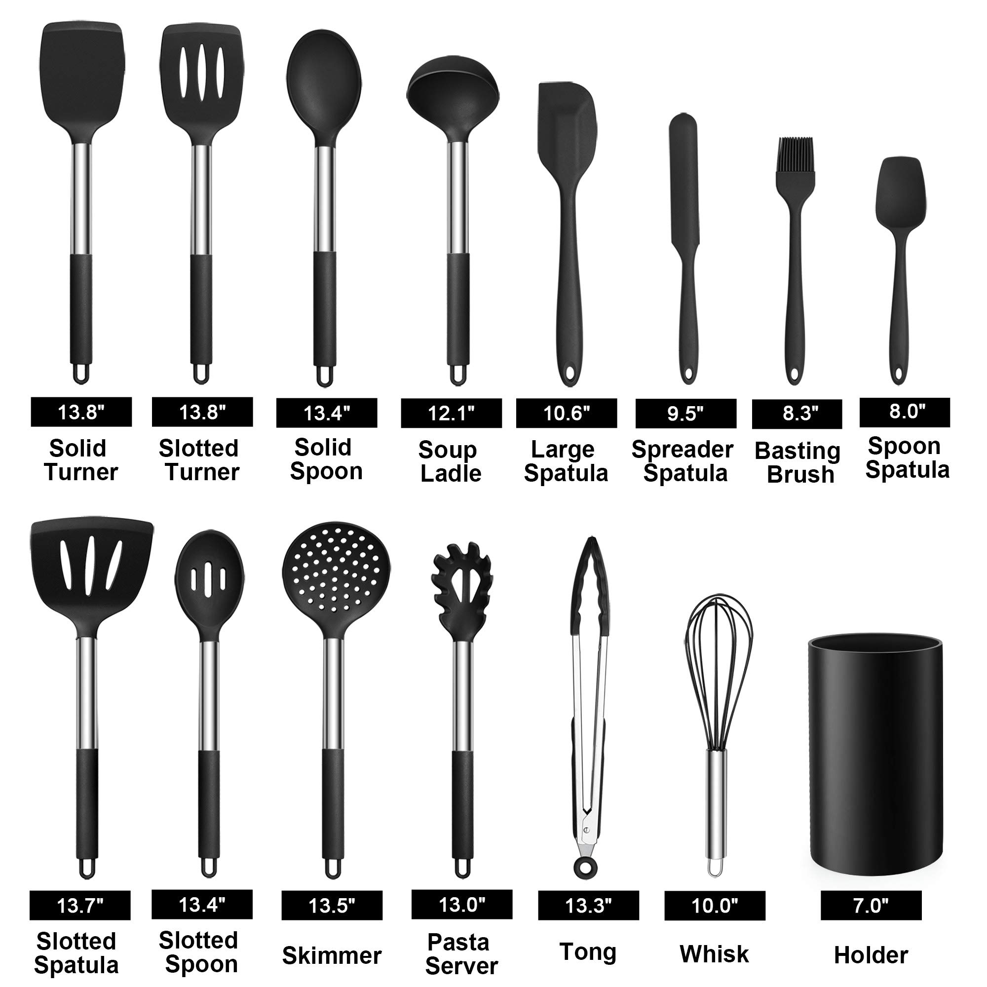 LIANYU 15-Piece Kitchen Cooking Utensils Set with Holder, Silicone Kitchen Tools Stainless Steel Handle, Slotted Spatula Spoon Turner Tong Whisk Brush for Cooking, Black