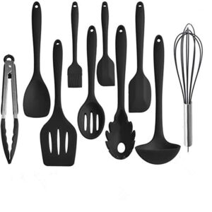 10pcs Kitchen Utensil Set,Silicone Heat-Resistant Non-Stick Kitchen Utensils Cooking Tools,Turner, Whisk, Spoon,Brush,spatula, Ladle Slotted turner Tongs Pasta Fork (BLACK)