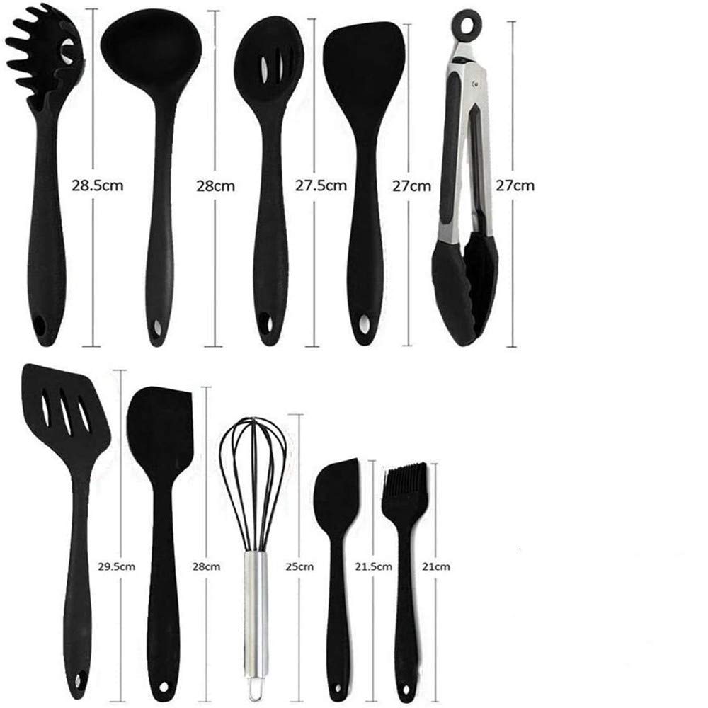 10pcs Kitchen Utensil Set,Silicone Heat-Resistant Non-Stick Kitchen Utensils Cooking Tools,Turner, Whisk, Spoon,Brush,spatula, Ladle Slotted turner Tongs Pasta Fork (BLACK)