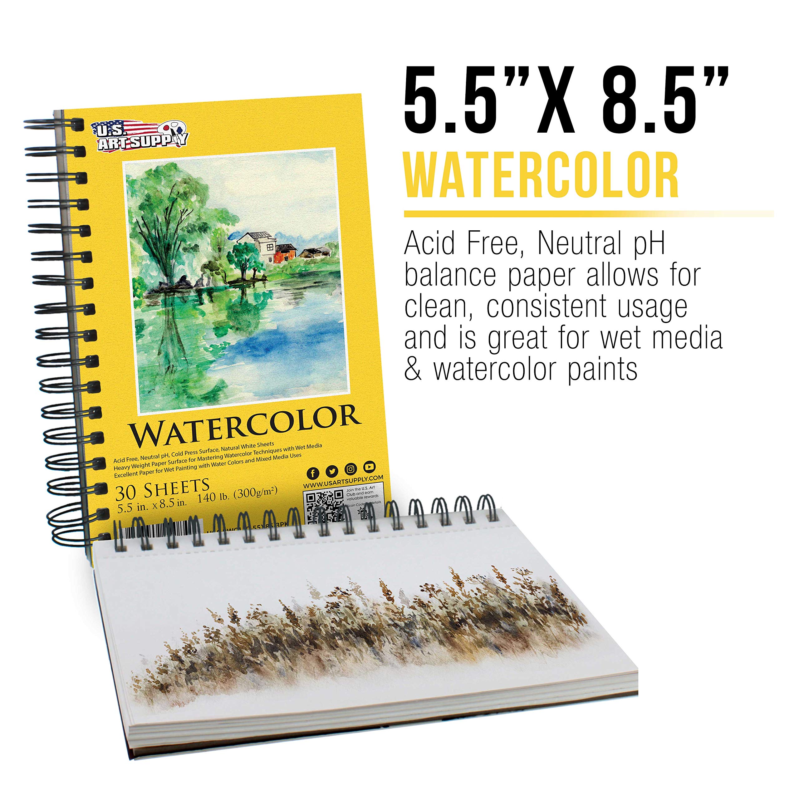 U.S. Art Supply 5.5" x 8.5" Premium Heavyweight Watercolor Painting Paper Pad, Pack of 3, 30 Sheets Each, 140lb (300gsm) - Spiral Bound, Cold Pressed, Acid-Free, Wet, Mixed Media - Artists, Students