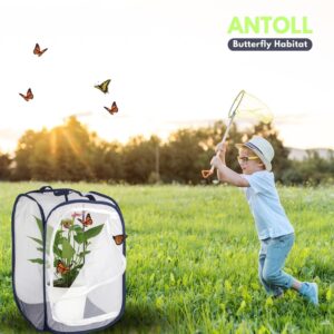 Antoll 24" M Size Blue Butterfly Habitat Cage, Monarch Butterfly Habitat, Butterfly Cage for Caterpillars, Flying Insect Mesh Cage, Outdoor Observation Plant, Pop-Up Open Size: 16"x16"x24"