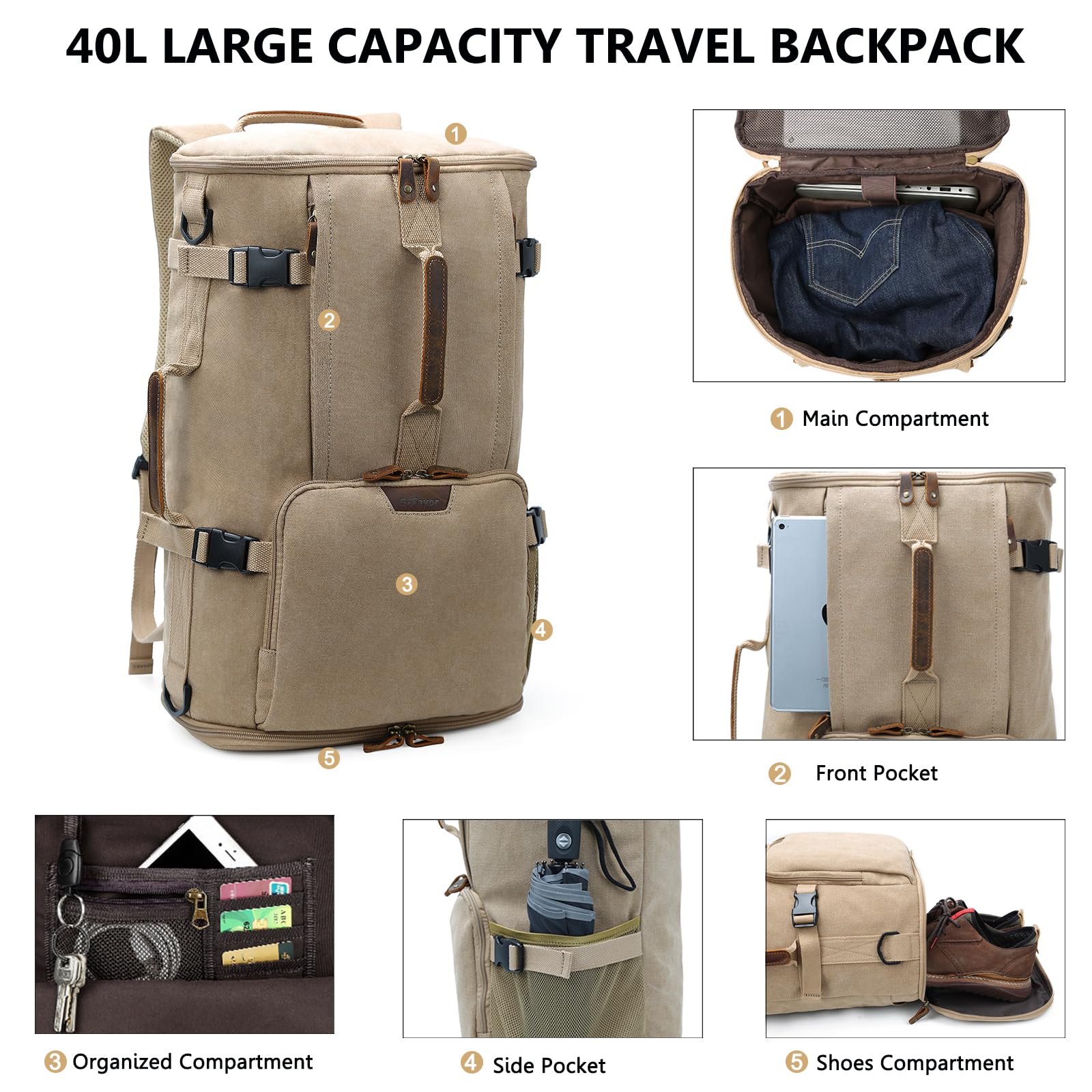 G-FAVOR 40L Travel Backpack, Vintage Canvas Rucksack Convertible Duffel Bag Carry On Backpack Fit for 17.3 Inch Laptop Bag