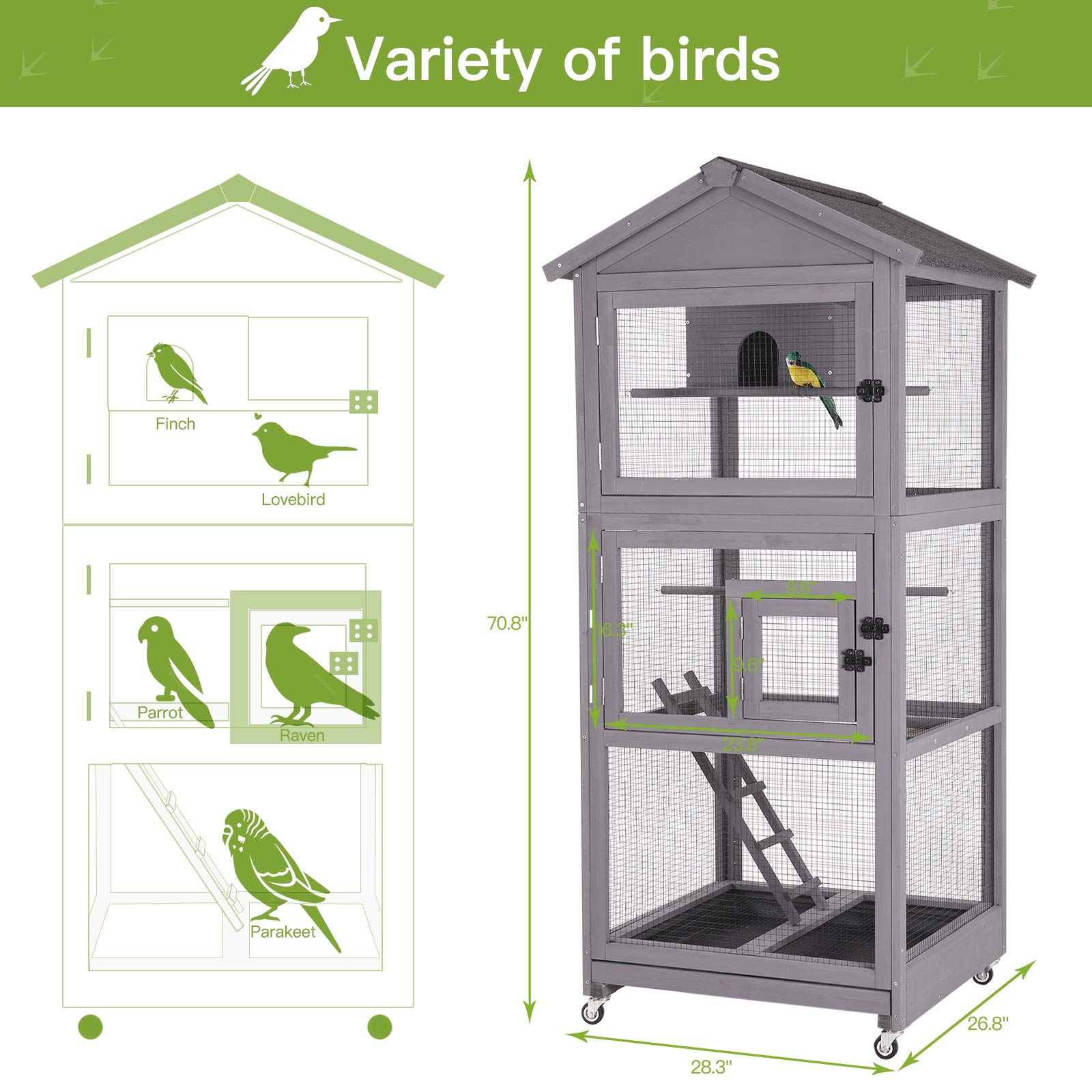 GUTINNEEN Outdoor Bird Aviary Wooden Large Bird Cage on Wheels, Featuring Play Stand, Perches, Nest Habitat, Include Wire Mesh above Bottom Tray Easy to Clean