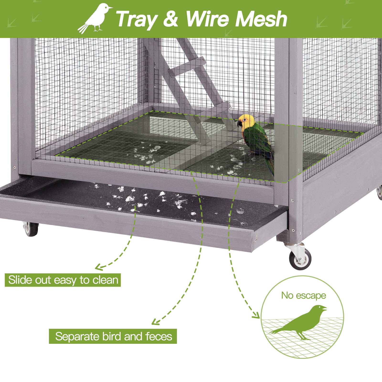 GUTINNEEN Outdoor Bird Aviary Wooden Large Bird Cage on Wheels, Featuring Play Stand, Perches, Nest Habitat, Include Wire Mesh above Bottom Tray Easy to Clean