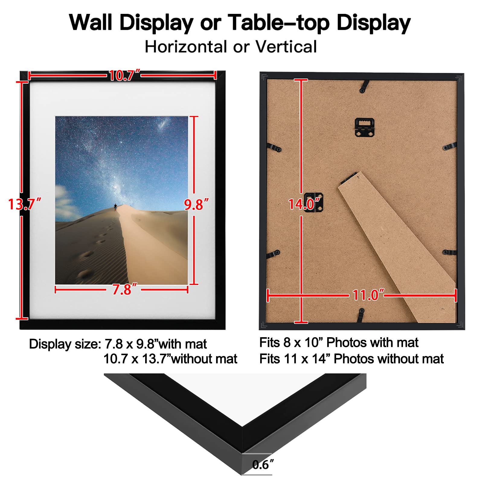 KINLINK 11x14 Picture Frame Black, Photo Frame with Plexiglass for Picture 8x10 with Mat or 11x14 without Mat, Composite Wood Picture Frame for Table Top and Wall Mounting