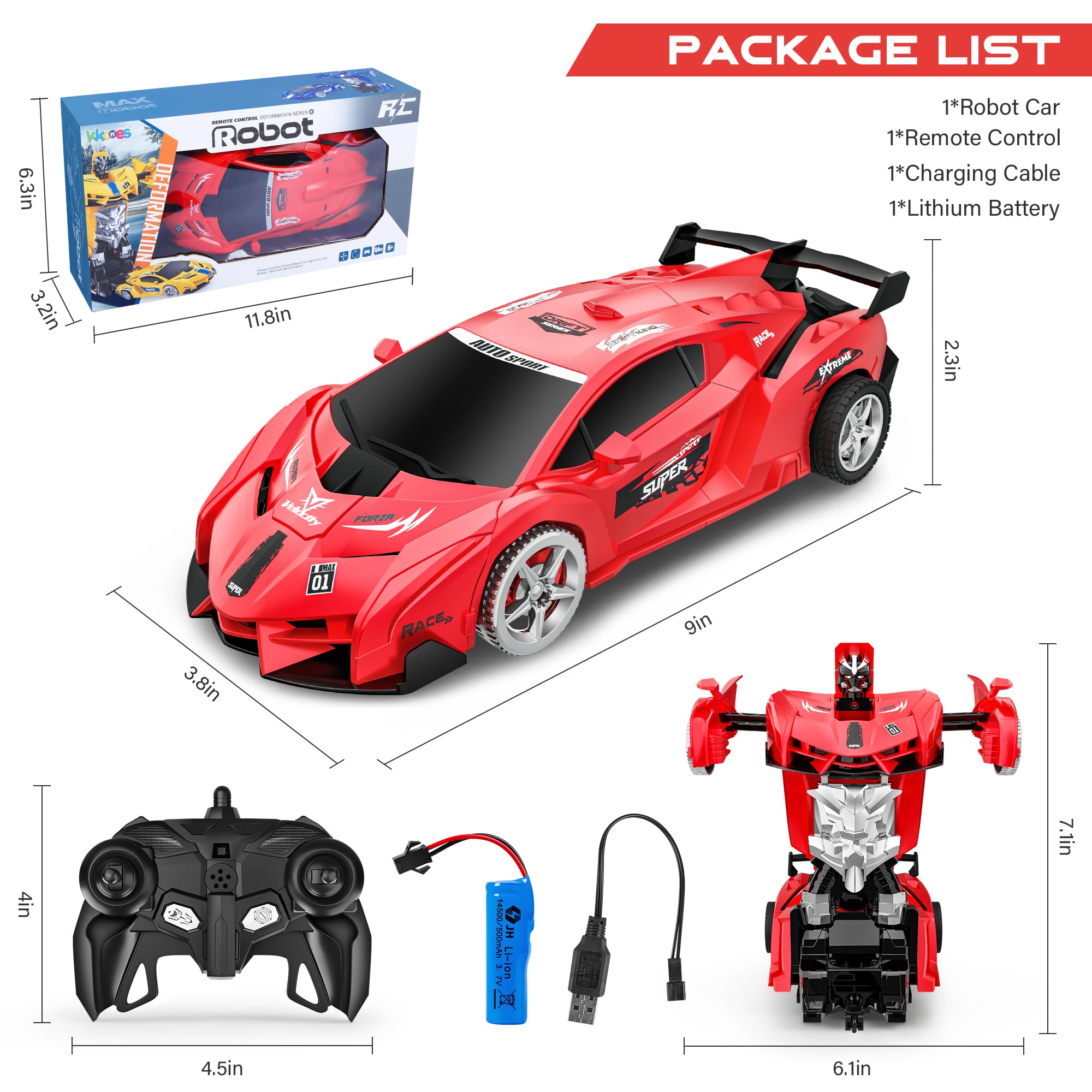 Remote Control Car, Toy for 3-8 Year Old Boys, 360° Rotating RC Deformation Robot Car Toy with LED Light, Transform Robot RC Car Age 3 4 5 6 7 8-12 Years Old for Kids, Boys Girls Birthday Gifts (Red)