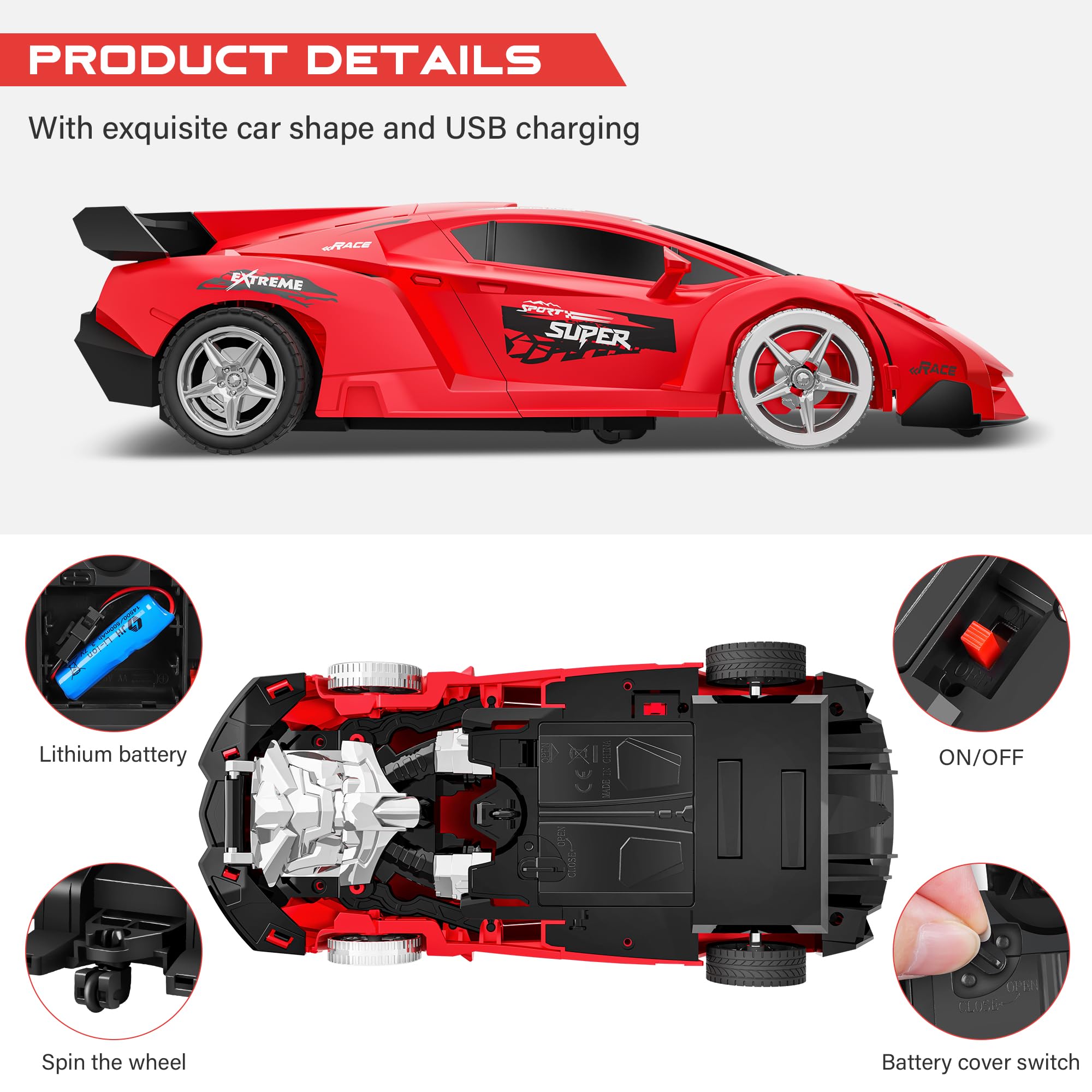 Remote Control Car, Toy for 3-8 Year Old Boys, 360° Rotating RC Deformation Robot Car Toy with LED Light, Transform Robot RC Car Age 3 4 5 6 7 8-12 Years Old for Kids, Boys Girls Birthday Gifts (Red)