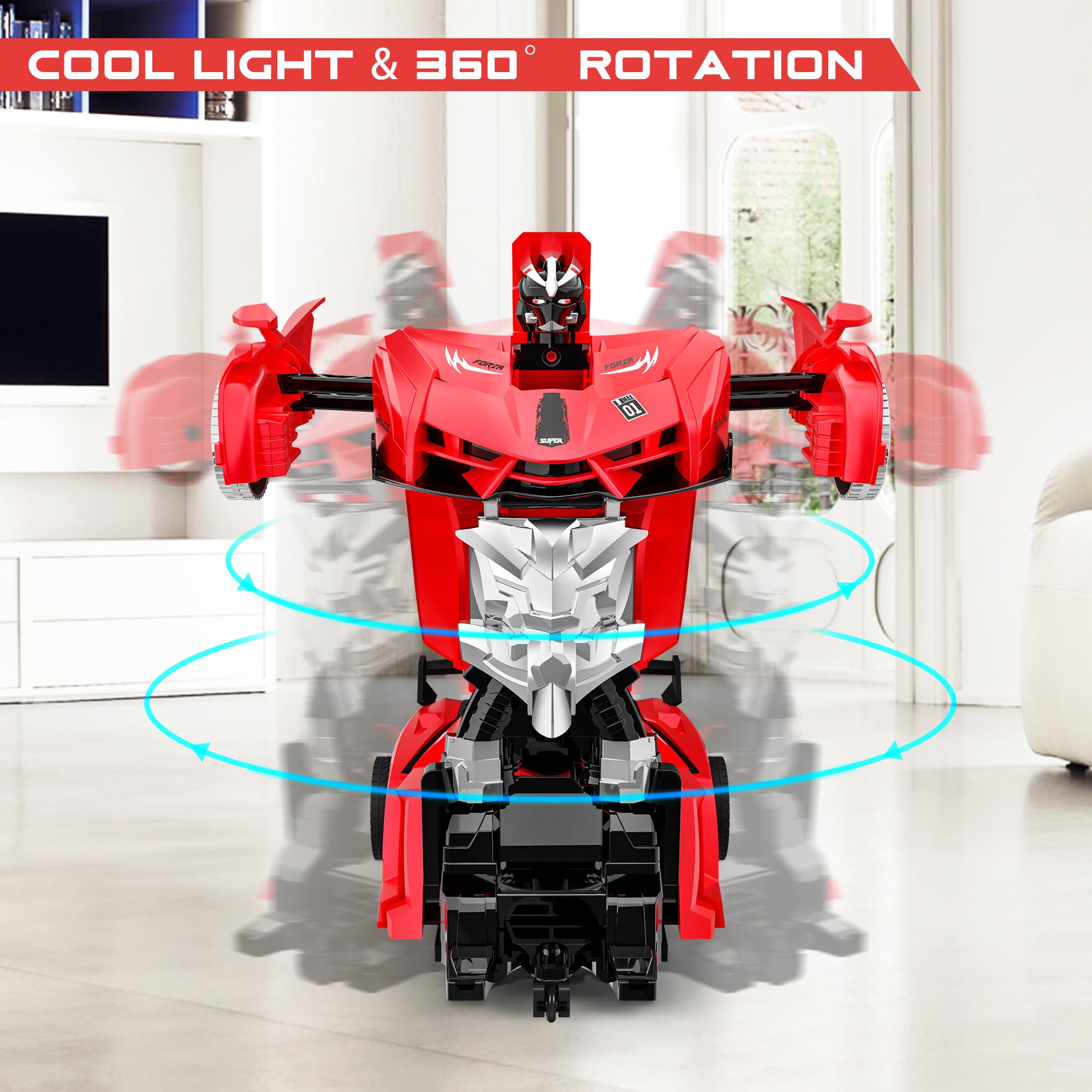 Remote Control Car, Toy for 3-8 Year Old Boys, 360° Rotating RC Deformation Robot Car Toy with LED Light, Transform Robot RC Car Age 3 4 5 6 7 8-12 Years Old for Kids, Boys Girls Birthday Gifts (Red)