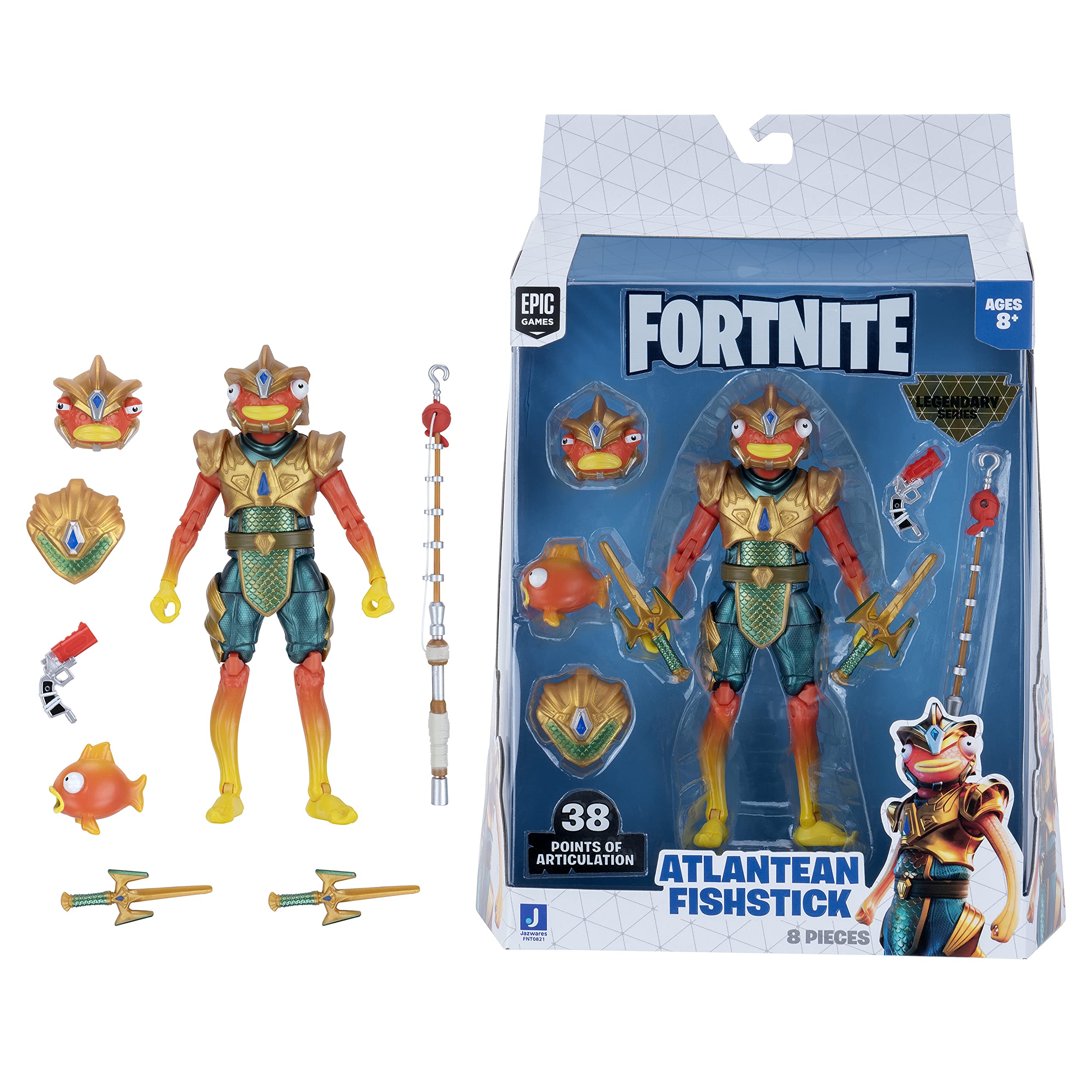 Fortnite Legendary Series Atlantean Fishstick, 6-inch Figure with Harvesting Tools, Weapon, Back Bling, Interchangeable Faces. Other Styles Include Blackheart, Scuba Jonesy, Scratch, and More