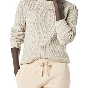 Amazon Essentials Women's 100% Cotton Crewneck Cable Sweater, Beige, Small