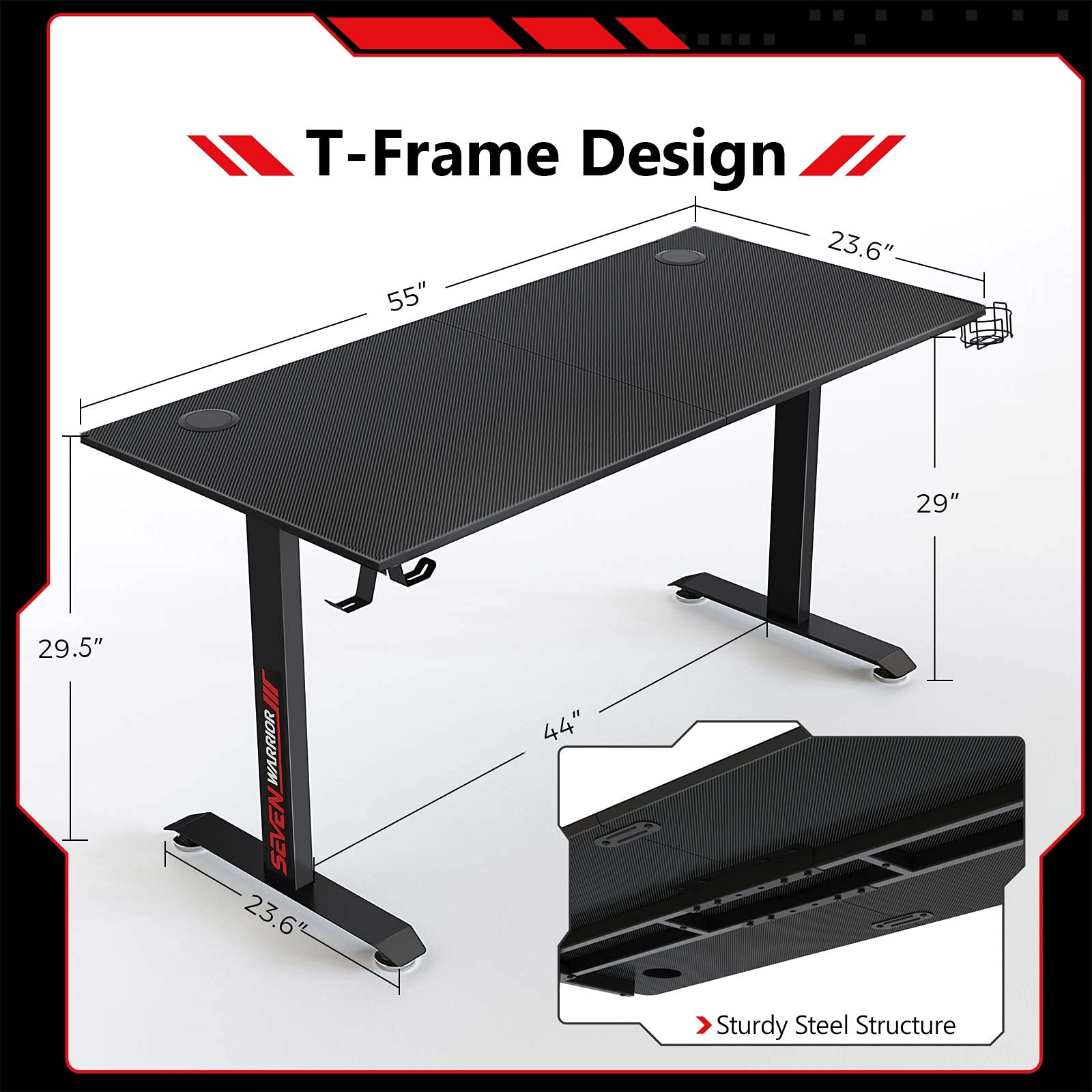 SEVEN WARRIOR Gaming Desk 55’’, T-Shaped Carbon Fiber Surface Computer Desk with Full Mouse Pad, Gamer Desk with Headphone Hook, USB Rack, Cup Holder