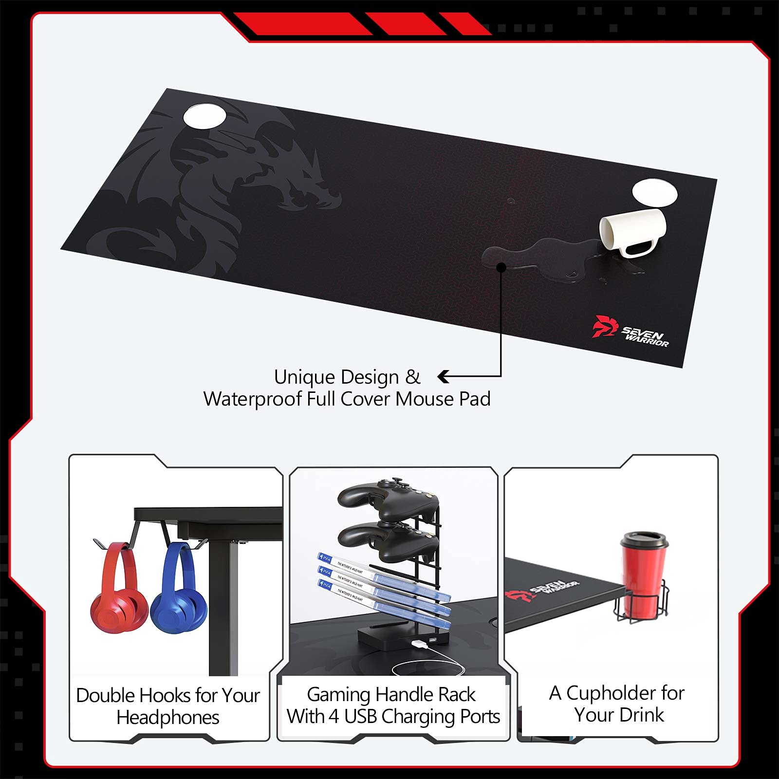 SEVEN WARRIOR Gaming Desk 55’’, T-Shaped Carbon Fiber Surface Computer Desk with Full Mouse Pad, Gamer Desk with Headphone Hook, USB Rack, Cup Holder