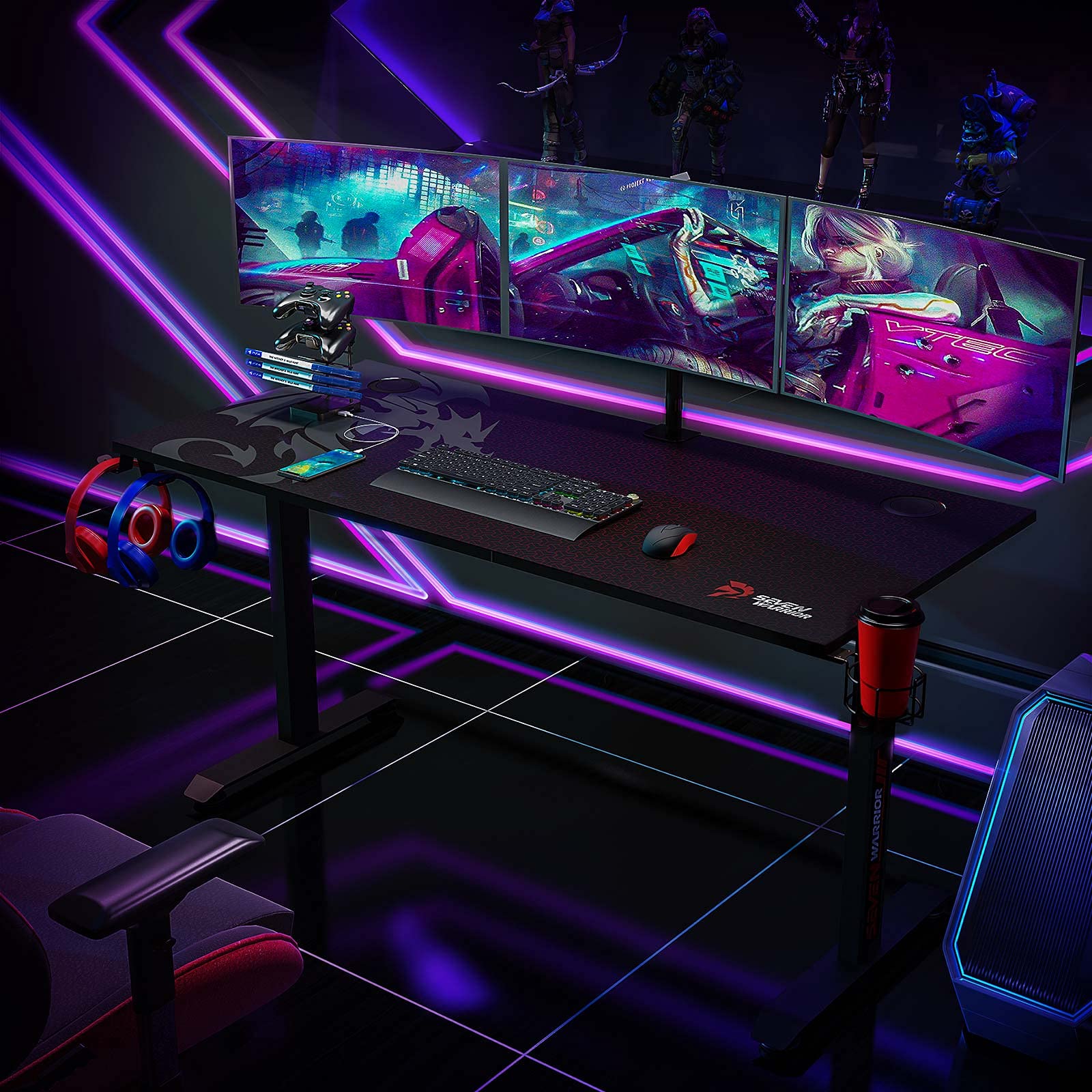 SEVEN WARRIOR Gaming Desk 55’’, T-Shaped Carbon Fiber Surface Computer Desk with Full Mouse Pad, Gamer Desk with Headphone Hook, USB Rack, Cup Holder