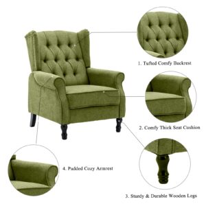 Artechworks Winged Fabric Modern Accent Chair Tufted Arm Club Chair Linen Single Sofa with Wooden Legs Comfy Upholstered for Reading Living Room Bedroom Office, Green