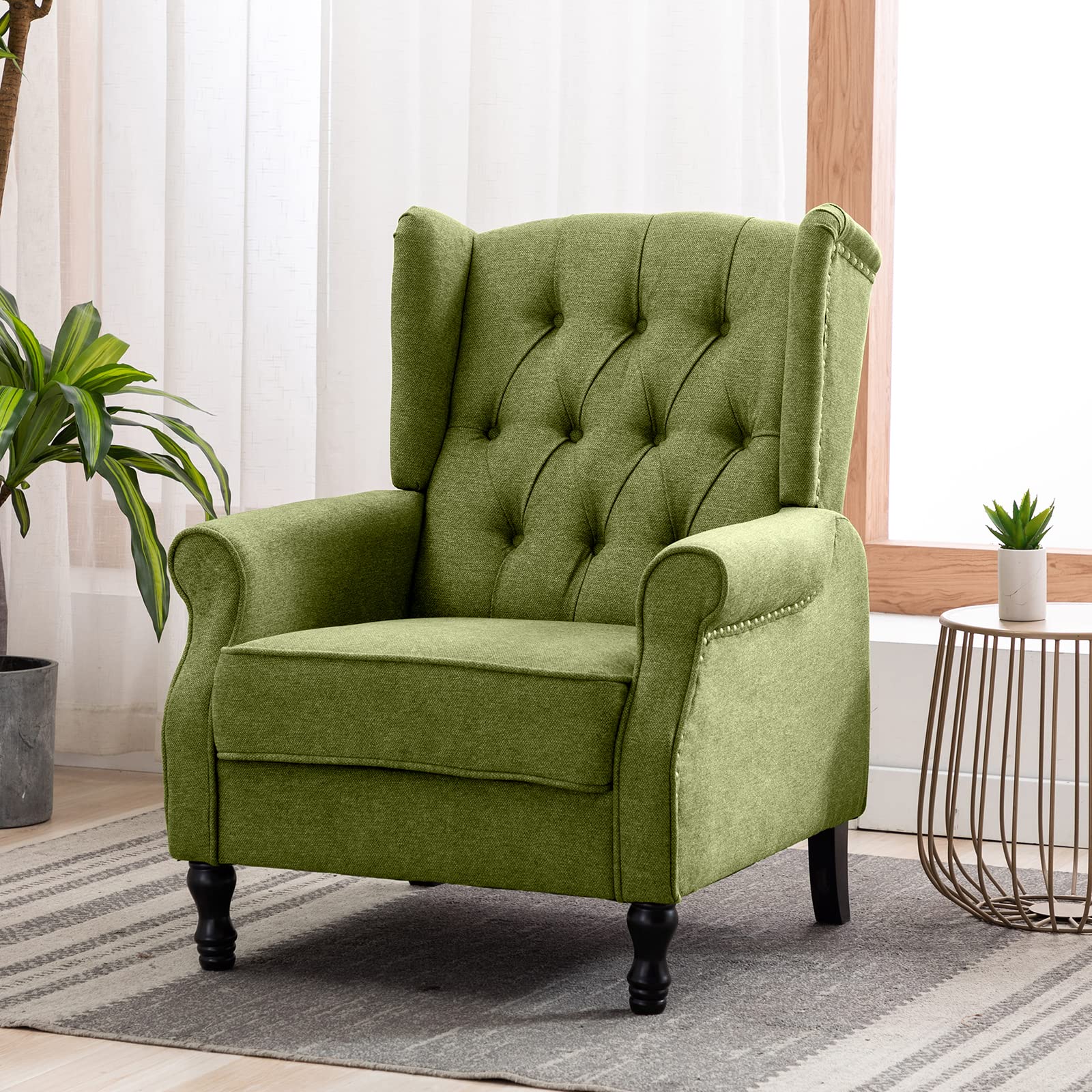 Artechworks Winged Fabric Modern Accent Chair Tufted Arm Club Chair Linen Single Sofa with Wooden Legs Comfy Upholstered for Reading Living Room Bedroom Office, Green