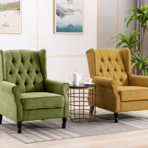 Artechworks Winged Fabric Modern Accent Chair Tufted Arm Club Chair Linen Single Sofa with Wooden Legs Comfy Upholstered for Reading Living Room Bedroom Office, Green