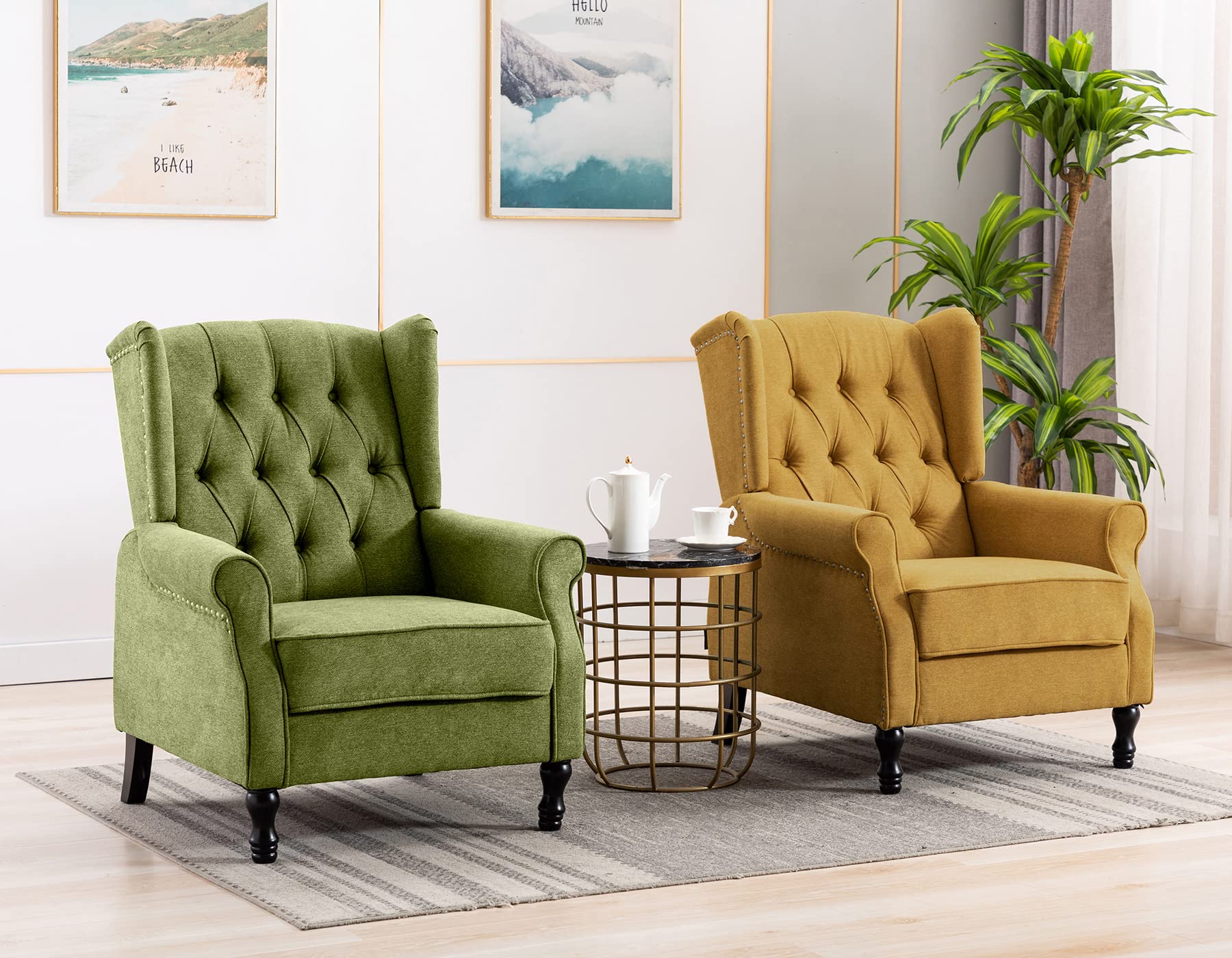 Artechworks Winged Fabric Modern Accent Chair Tufted Arm Club Chair Linen Single Sofa with Wooden Legs Comfy Upholstered for Reading Living Room Bedroom Office, Green