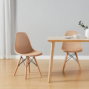 CangLong Dining Mid Century Modern Hollow Back Design Plastic Shell Armless Side Chair with Beech Wood Legs, Set of 2, Beige 1