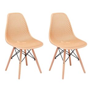 CangLong Dining Mid Century Modern Hollow Back Design Plastic Shell Armless Side Chair with Beech Wood Legs, Set of 2, Beige 1