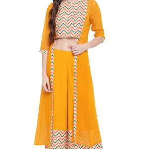 Janasya Indian Women's Yellow Poly Crepe Crop Top with Palazzo and Jacket