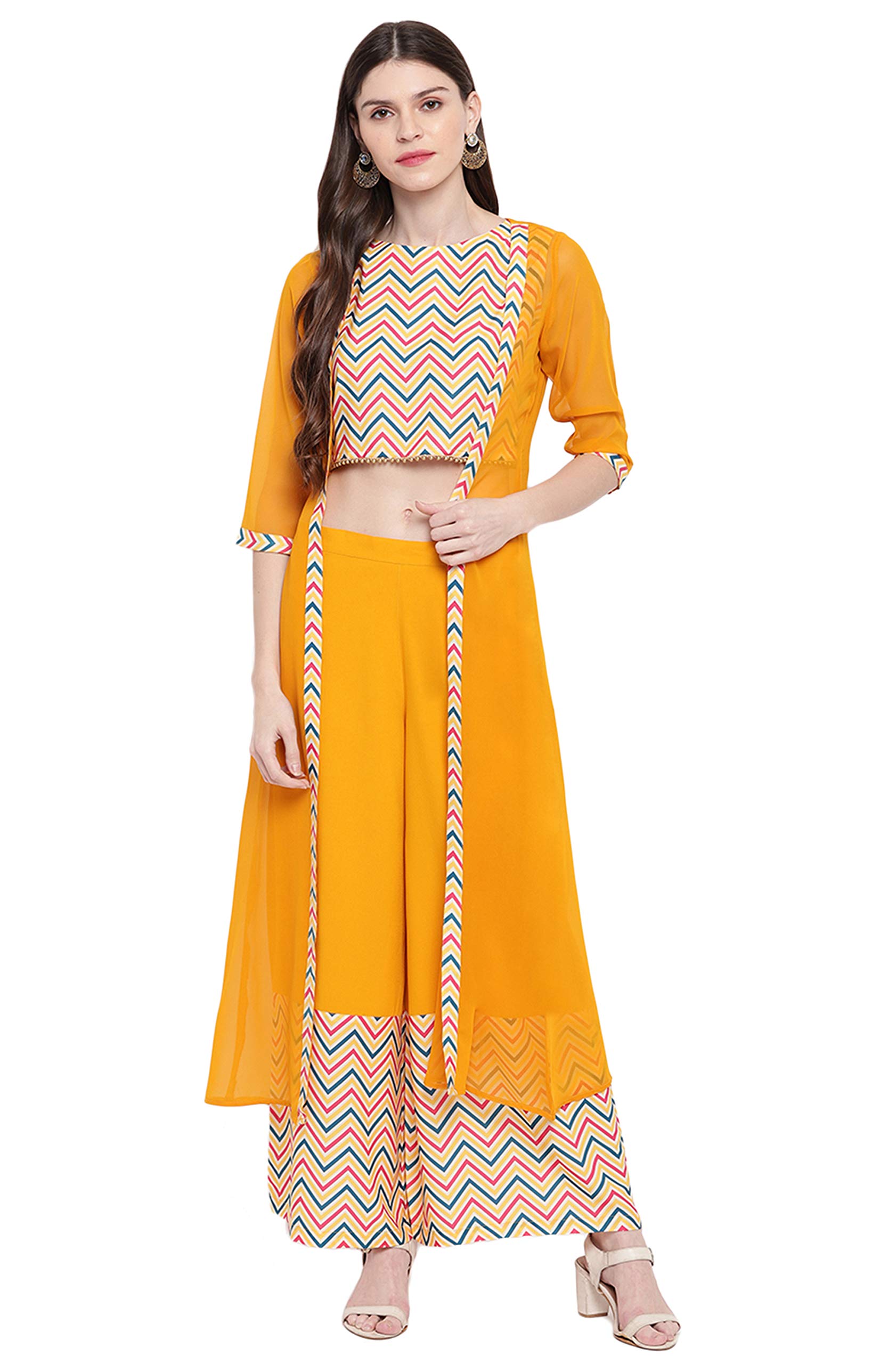 Janasya Indian Women's Yellow Poly Crepe Crop Top with Palazzo and Jacket