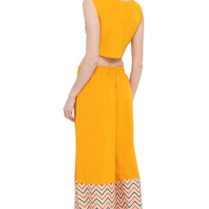 Janasya Indian Women's Yellow Poly Crepe Crop Top with Palazzo and Jacket