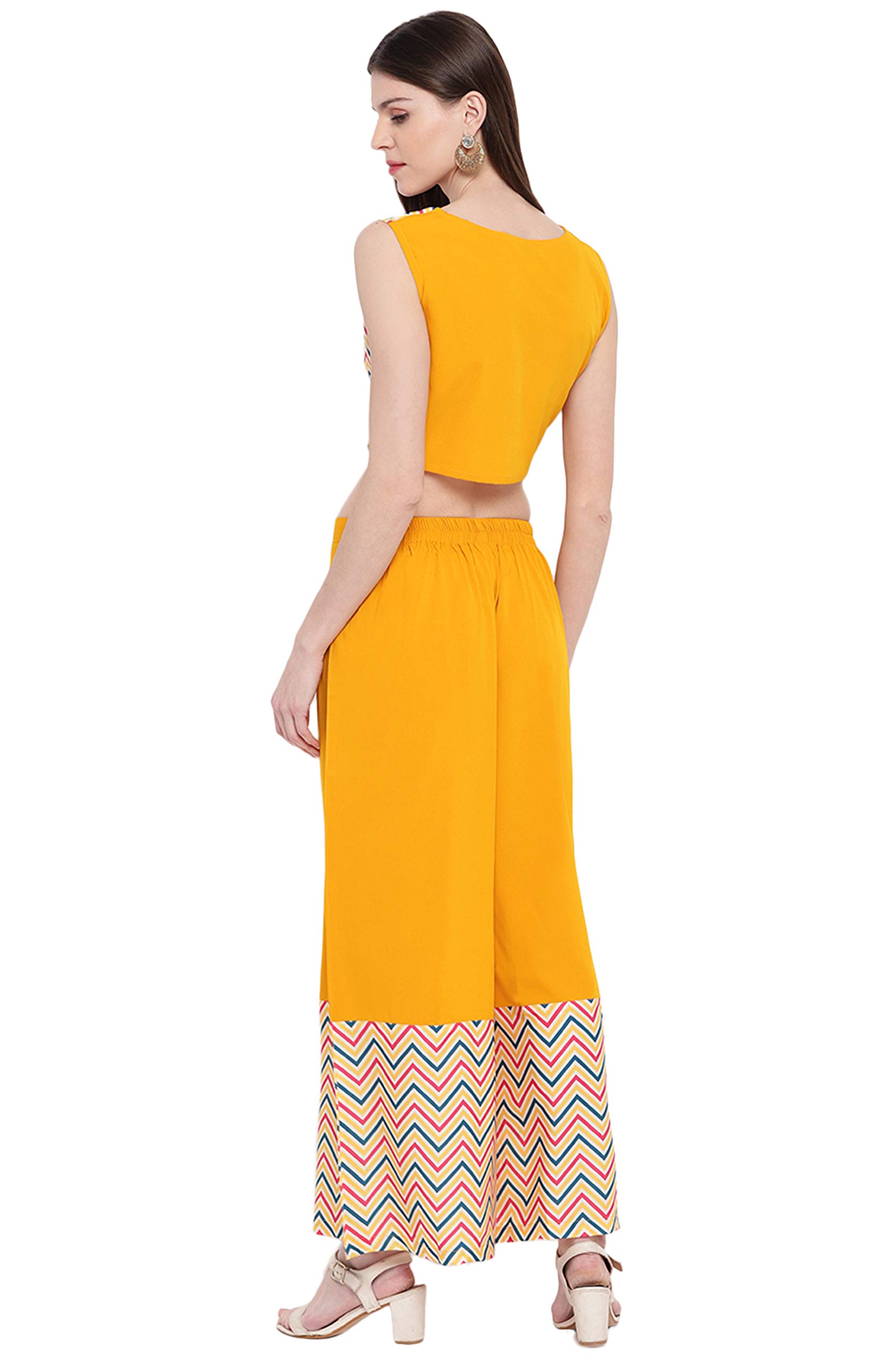 Janasya Indian Women's Yellow Poly Crepe Crop Top with Palazzo and Jacket