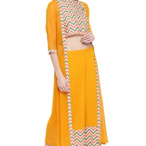 Janasya Indian Women's Yellow Poly Crepe Crop Top with Palazzo and Jacket