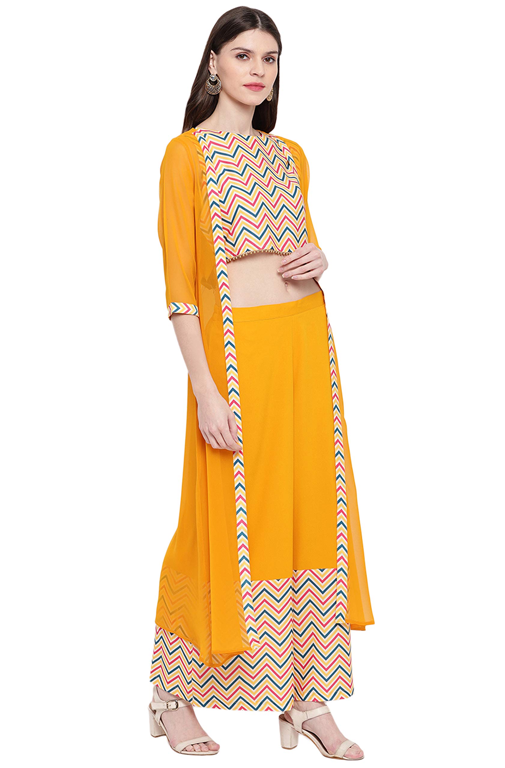 Janasya Indian Women's Yellow Poly Crepe Crop Top with Palazzo and Jacket