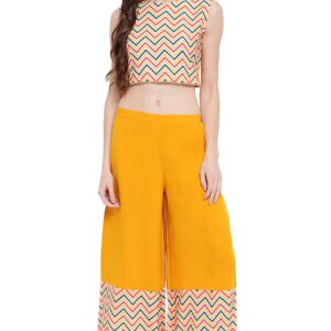 Janasya Indian Women's Yellow Poly Crepe Crop Top with Palazzo and Jacket