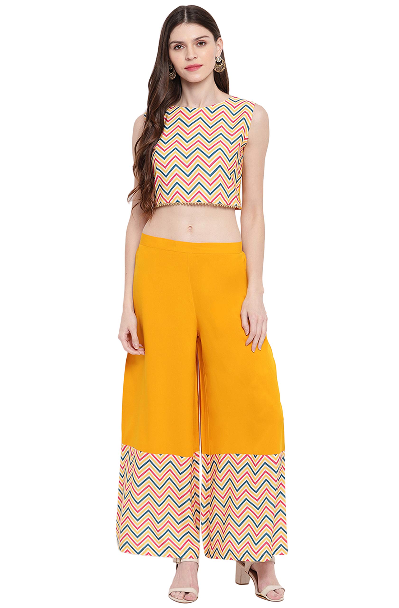 Janasya Indian Women's Yellow Poly Crepe Crop Top with Palazzo and Jacket