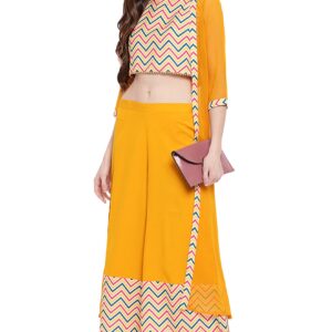 Janasya Indian Women's Yellow Poly Crepe Crop Top with Palazzo and Jacket