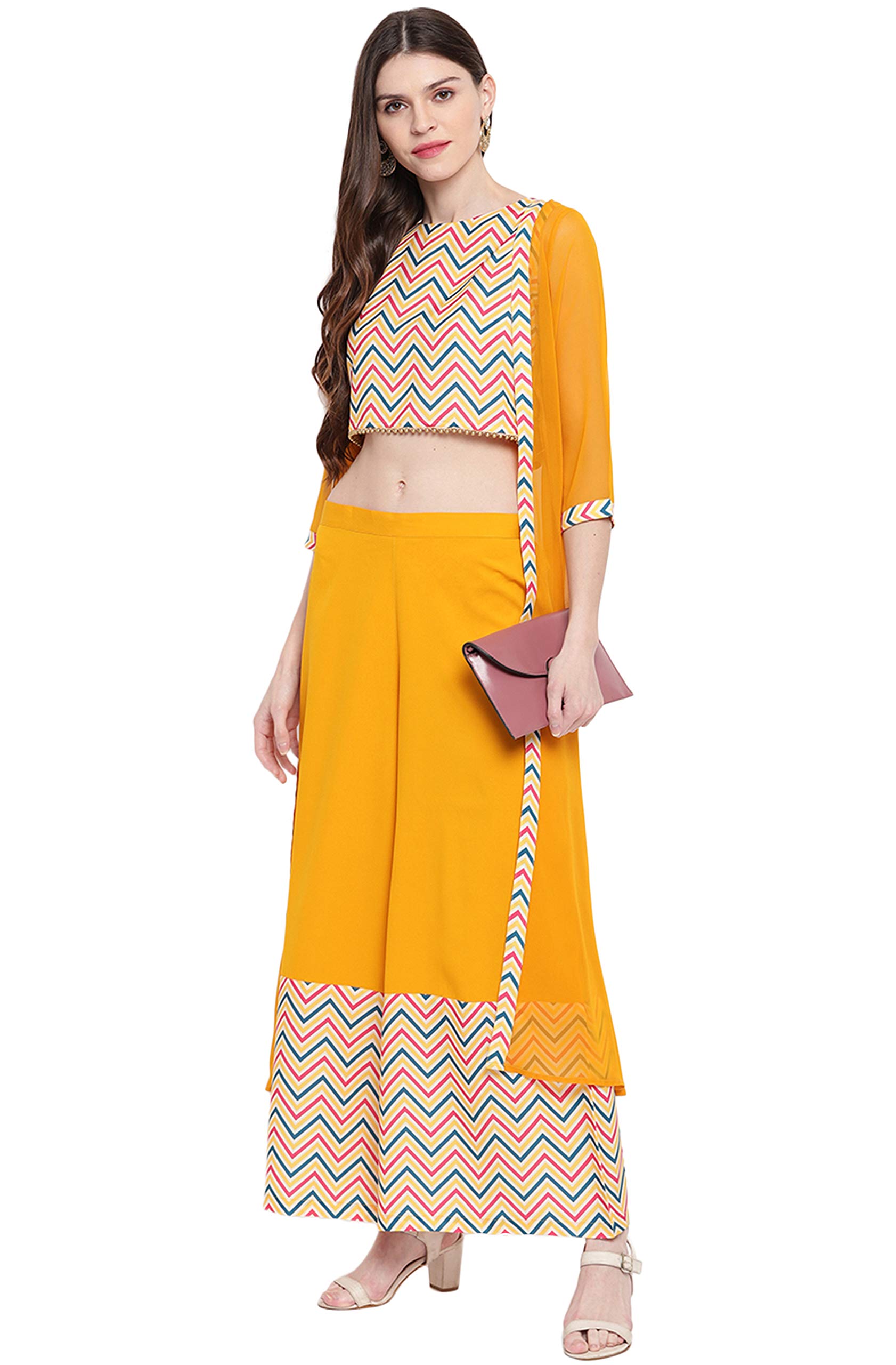 Janasya Indian Women's Yellow Poly Crepe Crop Top with Palazzo and Jacket