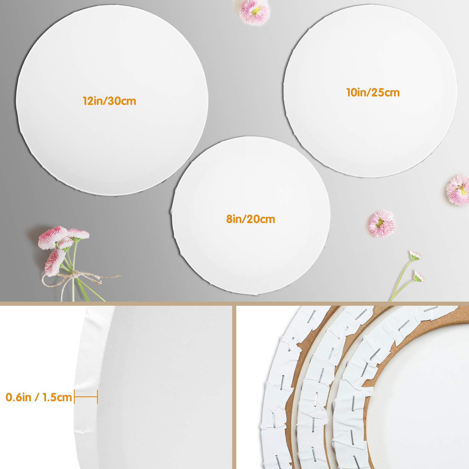 6 Pieces Round Painting Canvas Blank Round Shaped Paint Board Canvas Stretched Primed Decoration Boards for Painting for Students Artist Hobby Painters Beginners