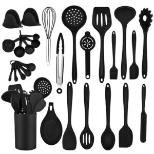 teamfar kitchen utensil, 28 pc silicone kitchen cooking baking utensil set for nonstick cookware, spatula holder spoon whisk tuner, heat-resistant & non-stick, non-toxic & dishwasher safe- black